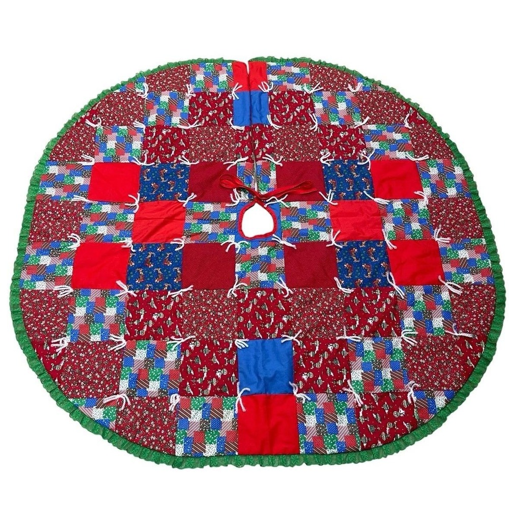 vintage handmade patchwork Christmas tree skirt Hand Ties
